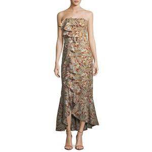Alexis Faina Strapless Belted Leaf-Print Cocktail Dress with Ruffled Trim Small